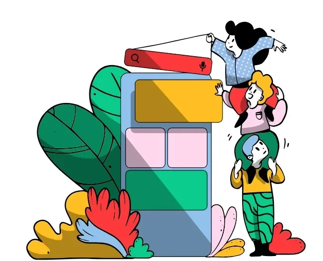 Creative illustration of a technical team building scalable digital applications and mobile-responsive websites